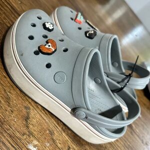 Gray platform crocs- with dog charms